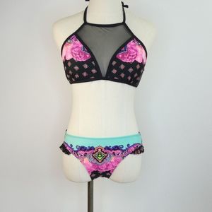 OP Ocean Pacific Bikini Aqua Pink Black M Bottom L Top -  Roses and Geometric pr
